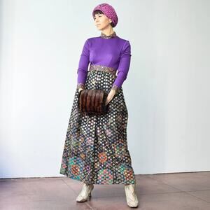 1960s Purple & Gold Foil Polka Dot Silk Brocade Dress/Gown